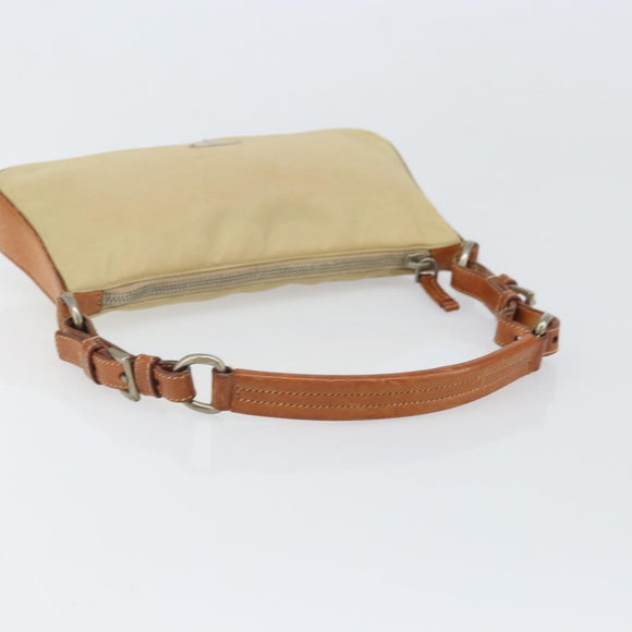 PRADA Handpouch Nylon Leder Beige Silber Auth 171021