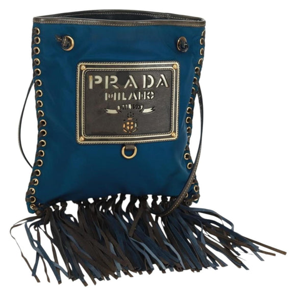 PRADA Umhängetasche Nylon Blau Gold Auth 171065V