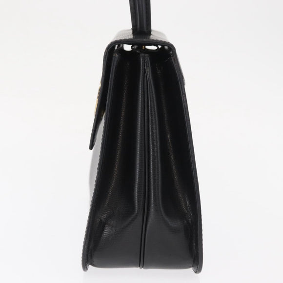 CELINE Circle Hand Bag Leather Black Gold Auth 171070