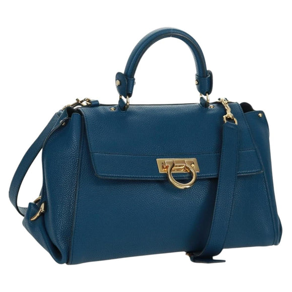 Salvatore Ferragamo Gancini Sofia Hand Bag Leather 2way Blue Gold Auth 171096A