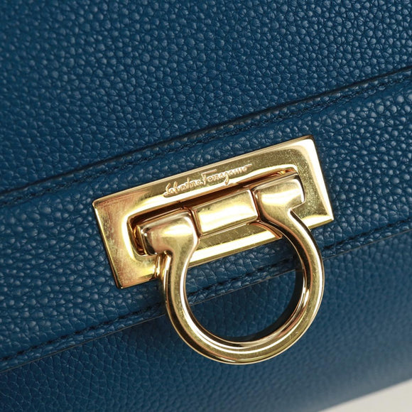 Salvatore Ferragamo Gancini Sofia Hand Bag Leather 2way Blue Gold Auth 171096A
