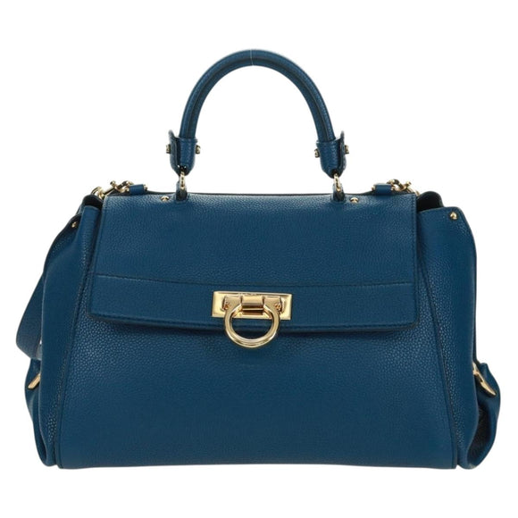 Salvatore Ferragamo Gancini Sofia Hand Bag Leather 2way Blue Gold Auth 171096A