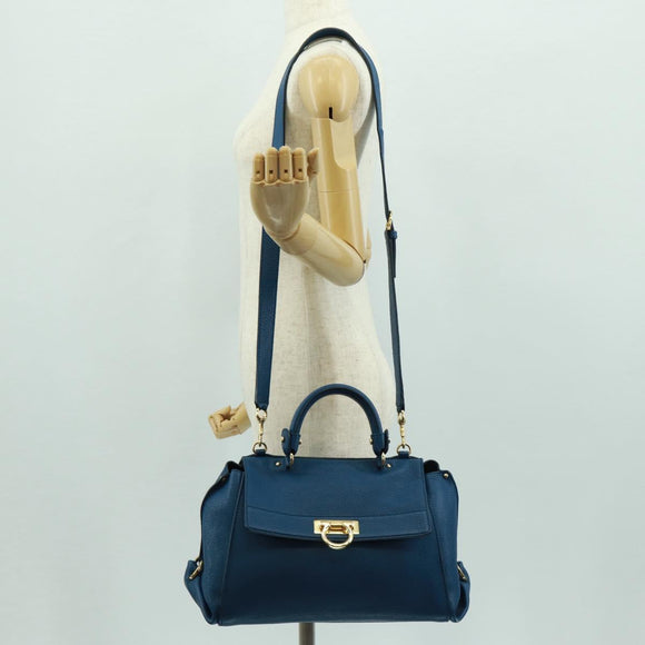 Salvatore Ferragamo Gancini Sofia Hand Bag Leather 2way Blue Gold Auth 171096A