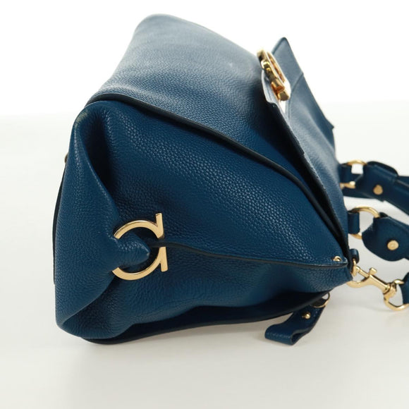 Salvatore Ferragamo Gancini Sofia Hand Bag Leather 2way Blue Gold Auth 171096A