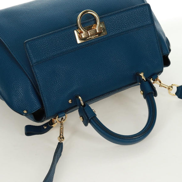 Salvatore Ferragamo Gancini Sofia Hand Bag Leather 2way Blue Gold Auth 171096A