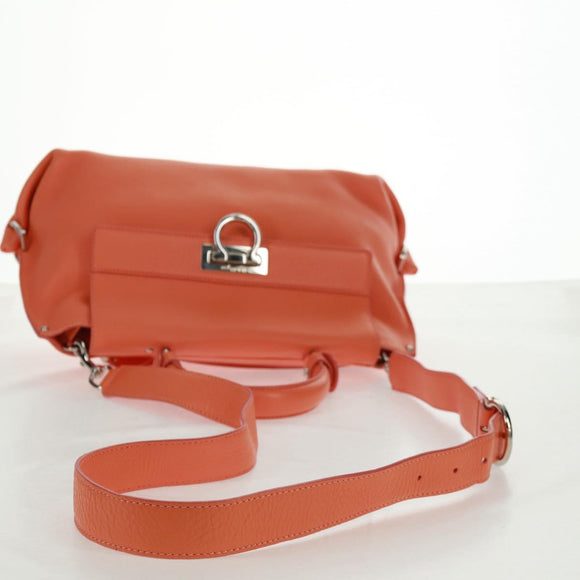 Salvatore Ferragamo Gancini Sofia Bag Leather 2way Orange Silver Auth 171100V