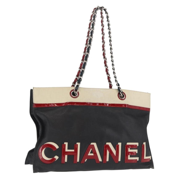 CHANEL Chain Tote Bag Leder Schwarz Silber CC Auth 171101