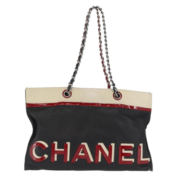 CHANEL Chain Tote Bag Leder Schwarz Silber CC Auth 171101