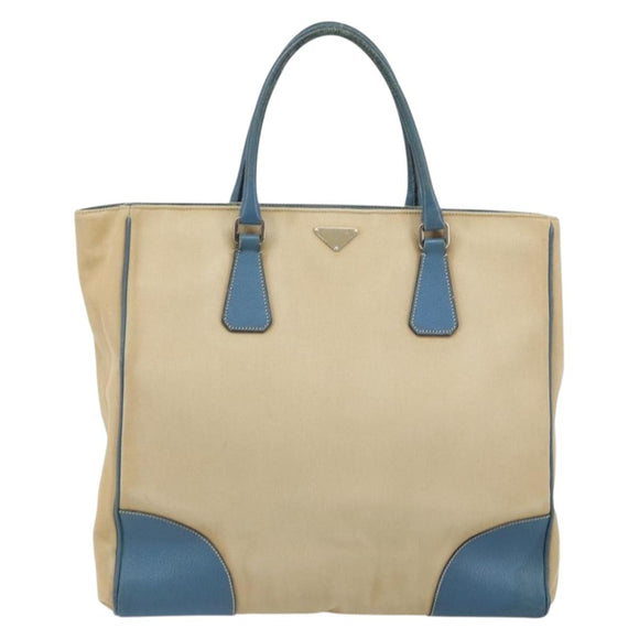 PRADA Tote Bag Canvas Beige Silver Auth 171123