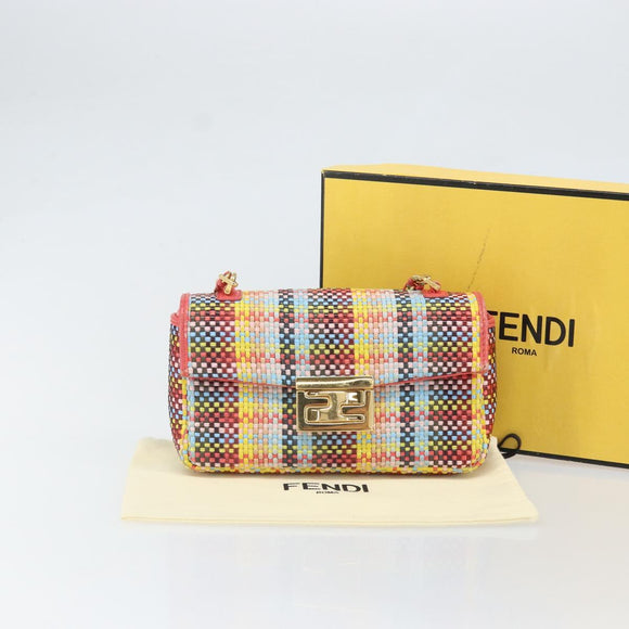 FENDI Chain Mini Bee Baguette Shoulder Bag Leather Multicolor Gold Auth 171168SAM