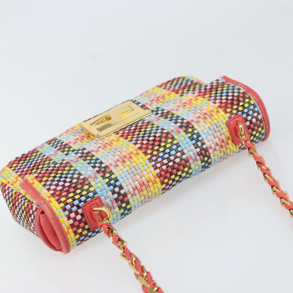 FENDI Chain Mini Bee Baguette Shoulder Bag Leather Multicolor Gold Auth 171168SAM