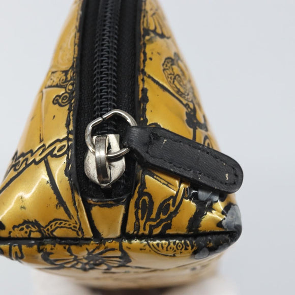 CHANEL Pouch Patent leather Black Gold Silver CC Auth 171183