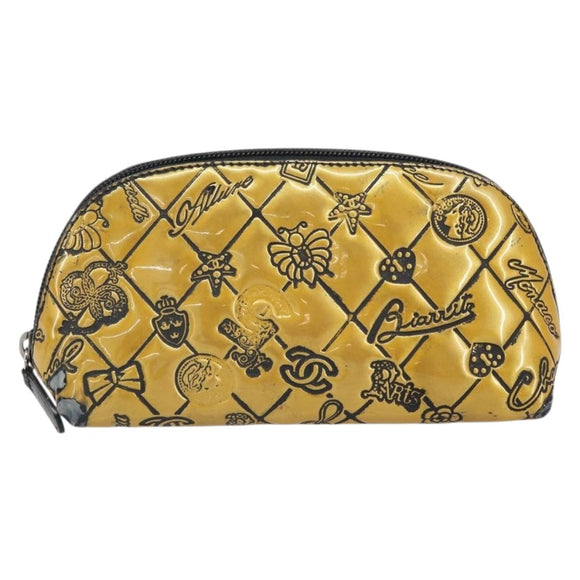 CHANEL Pouch Patent leather Black Gold Silver CC Auth 171183