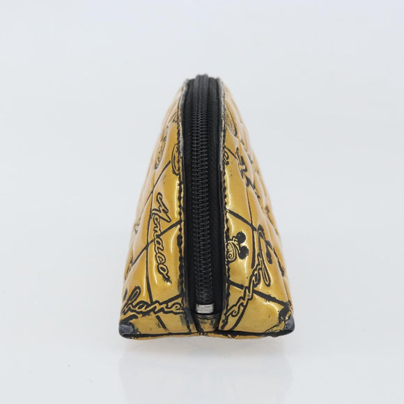 CHANEL Pouch Patent leather Black Gold Silver CC Auth 171183