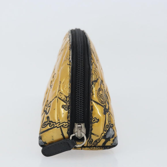 CHANEL Pouch Patent leather Black Gold Silver CC Auth 171183