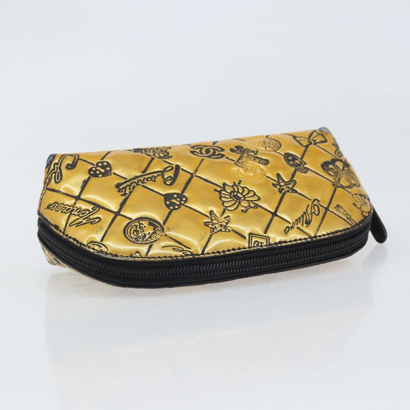 CHANEL Pouch Patent leather Black Gold Silver CC Auth 171183
