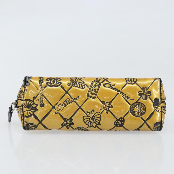 CHANEL Pouch Patent leather Black Gold Silver CC Auth 171183