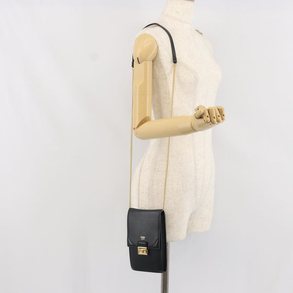 FENDI Chain Shoulder Bag Leather Black Gold Auth 171185M