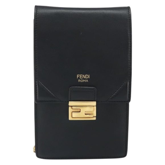 FENDI Chain Shoulder Bag Leather Black Gold Auth 171185M