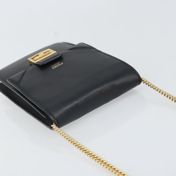 FENDI Chain Shoulder Bag Leather Black Gold Auth 171185M