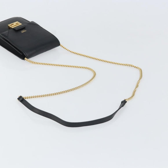 FENDI Chain Shoulder Bag Leather Black Gold Auth 171185M