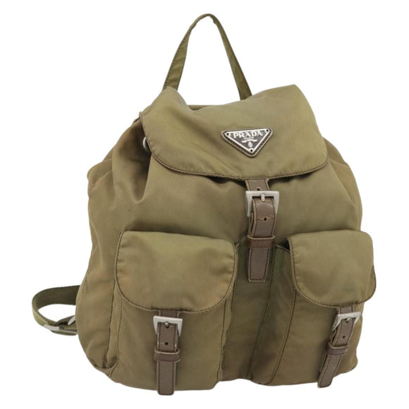 PRADA Rugzak Nylon Khaki Zilver Auth 171259