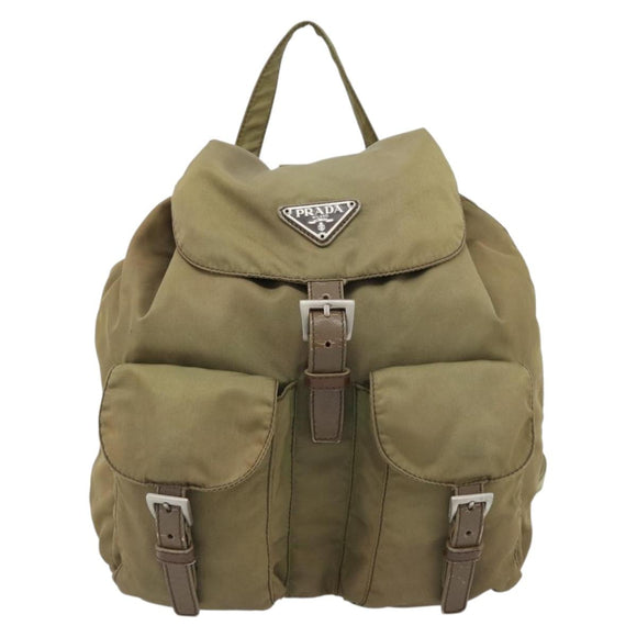 PRADA Rugzak Nylon Khaki Zilver Auth 171259