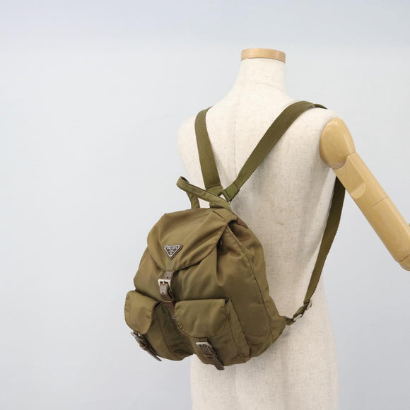 PRADA Rugzak Nylon Khaki Zilver Auth 171259