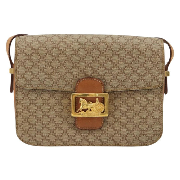 CELINE Macadam Canvas Horse Carriage Shoulder Bag PVC Beige Gold Auth 171260A