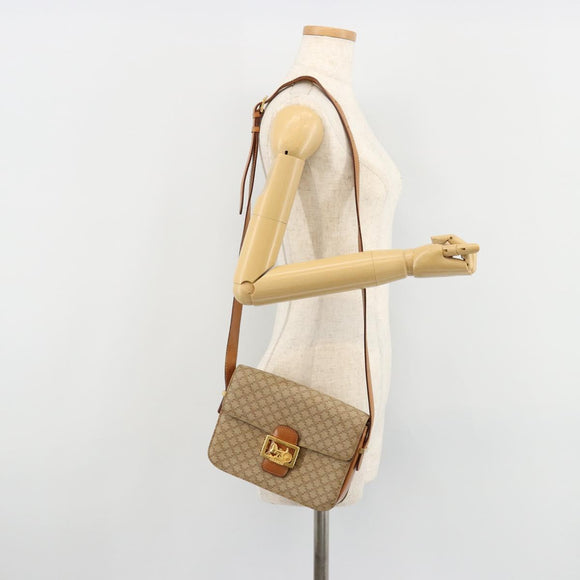 CELINE Macadam Canvas Horse Carriage Shoulder Bag PVC Beige Gold Auth 171260A