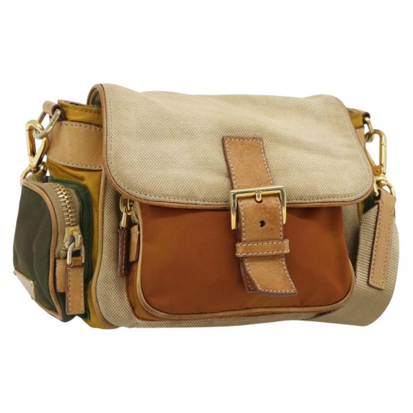 PRADA Shoulder Bag Nylon Canvas Beige Gold Auth 171276