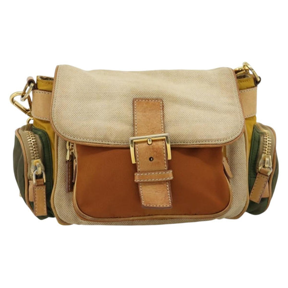 PRADA Shoulder Bag Nylon Canvas Beige Gold Auth 171276