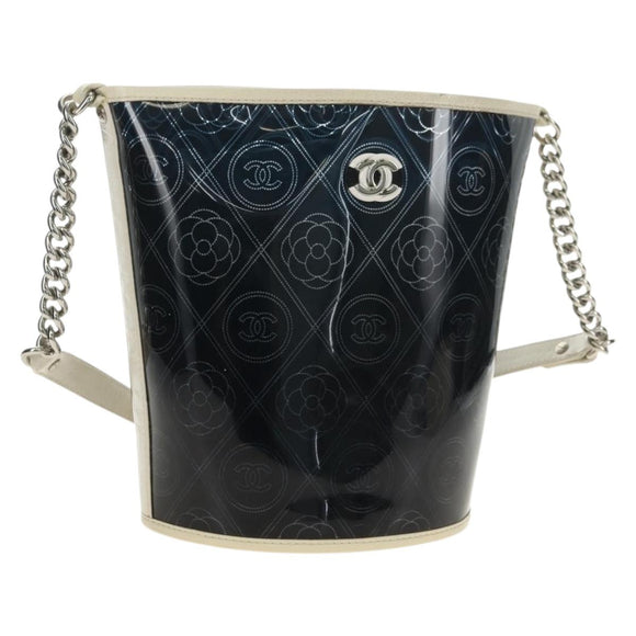CHANEL Camelia Chain Shoulder Bag Vinyl Blue Silver CC Auth 171291SAM