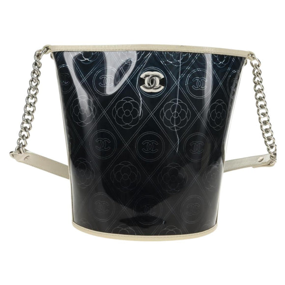 CHANEL Camelia Chain Shoulder Bag Vinyl Blue Silver CC Auth 171291SAM