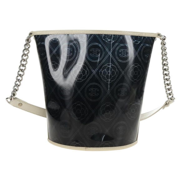 CHANEL Camelia Chain Shoulder Bag Vinyl Blue Silver CC Auth 171291SAM