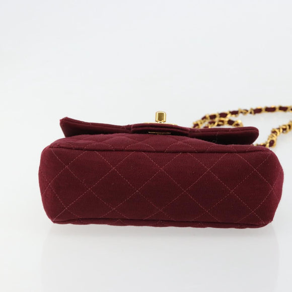 CHANEL Matelassé Ketten-Umhängetasche Baumwolle Bordeaux Gold CC Auth 171294