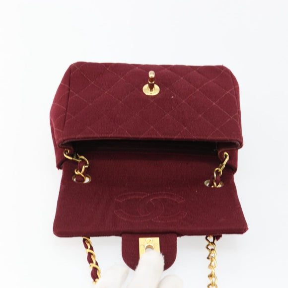 CHANEL Matelassé Ketten-Umhängetasche Baumwolle Bordeaux Gold CC Auth 171294