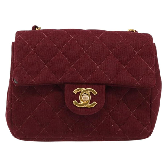 CHANEL Matelassé Ketten-Umhängetasche Baumwolle Bordeaux Gold CC Auth 171294