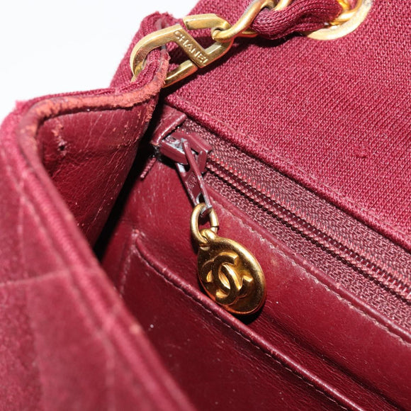 CHANEL Matelassé Ketten-Umhängetasche Baumwolle Bordeaux Gold CC Auth 171294
