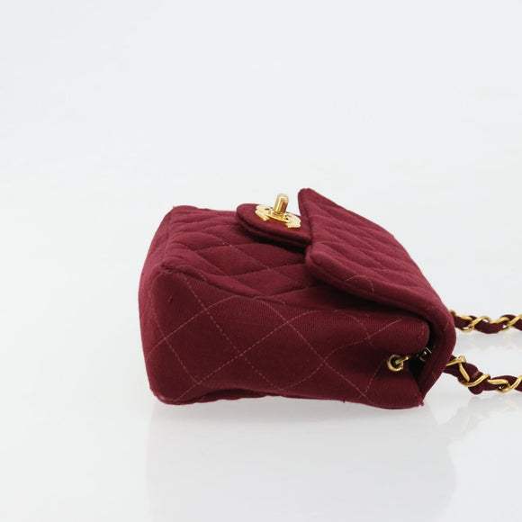 CHANEL Matelassé Ketten-Umhängetasche Baumwolle Bordeaux Gold CC Auth 171294