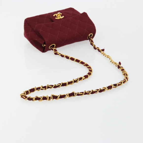 CHANEL Matelassé Ketten-Umhängetasche Baumwolle Bordeaux Gold CC Auth 171294