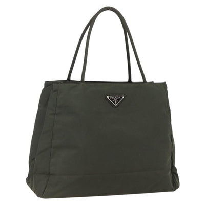 PRADA Tote Bag Nylon Khaki Silver Auth 171313