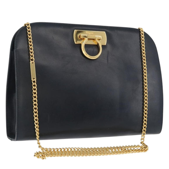 Salvatore Ferragamo Gancini Chain Shoulder Bag Leather Navy Gold Auth 171314