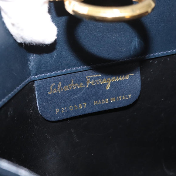 Salvatore Ferragamo Gancini Chain Shoulder Bag Leather Navy Gold Auth 171314