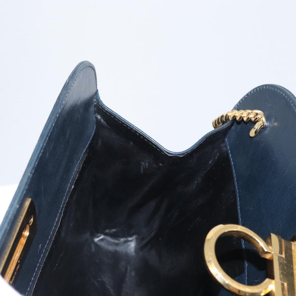 Salvatore Ferragamo Gancini Chain Shoulder Bag Leather Navy Gold Auth 171314