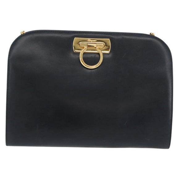 Salvatore Ferragamo Gancini Chain Shoulder Bag Leather Navy Gold Auth 171314