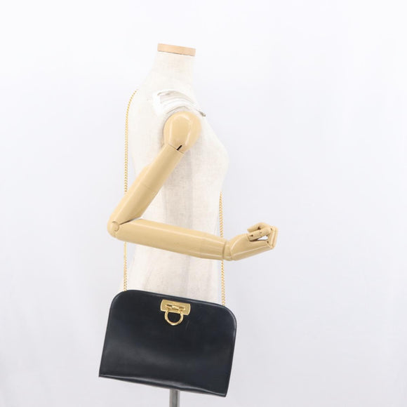 Salvatore Ferragamo Gancini Chain Shoulder Bag Leather Navy Gold Auth 171314
