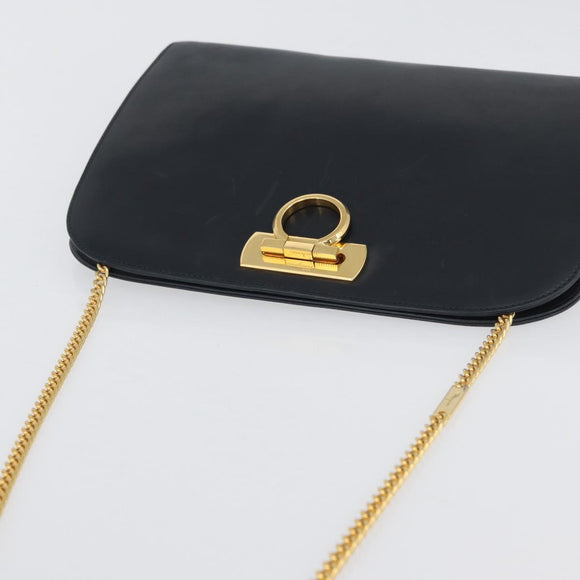 Salvatore Ferragamo Gancini Chain Shoulder Bag Leather Navy Gold Auth 171314