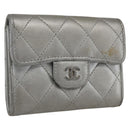 CHANEL Matelasse Card Case Leather Silver CC Auth 171336-1