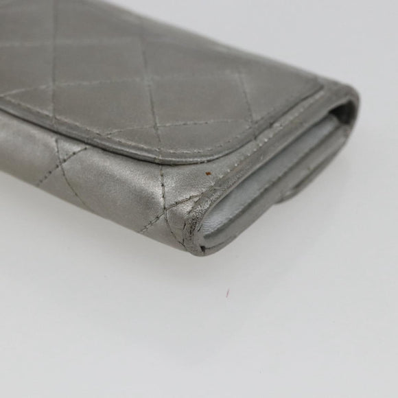 CHANEL Matelasse Card Case Leather Silver CC Auth 171336